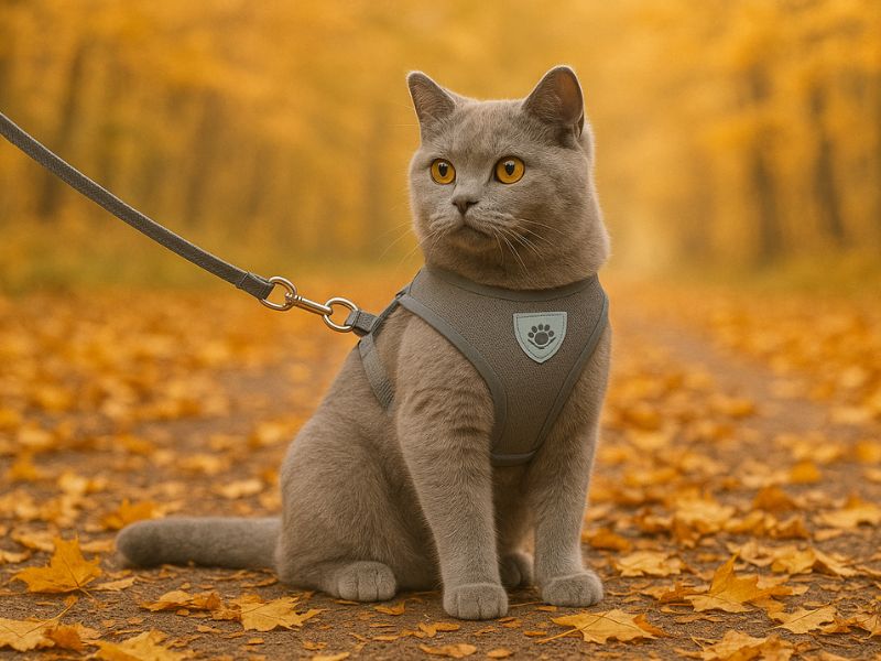 Harnais réfléchissant gris pour chat avec laisse assortie, design rembourré, réglable et confortable, idéal en automne pour la sécurité du félin.